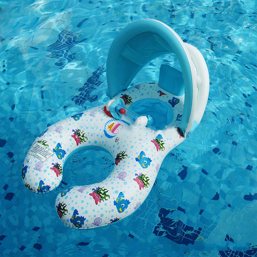 Baby Float with Sunshade White Infant Swim Ring UV Protection Pool Tube